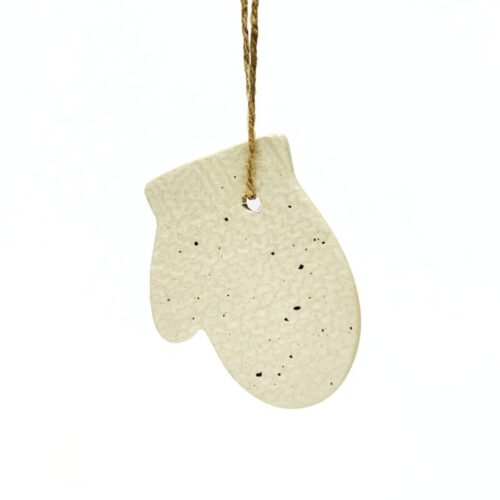 Keramik julepynt<br> Strikket julevante hvid med nister<br/>